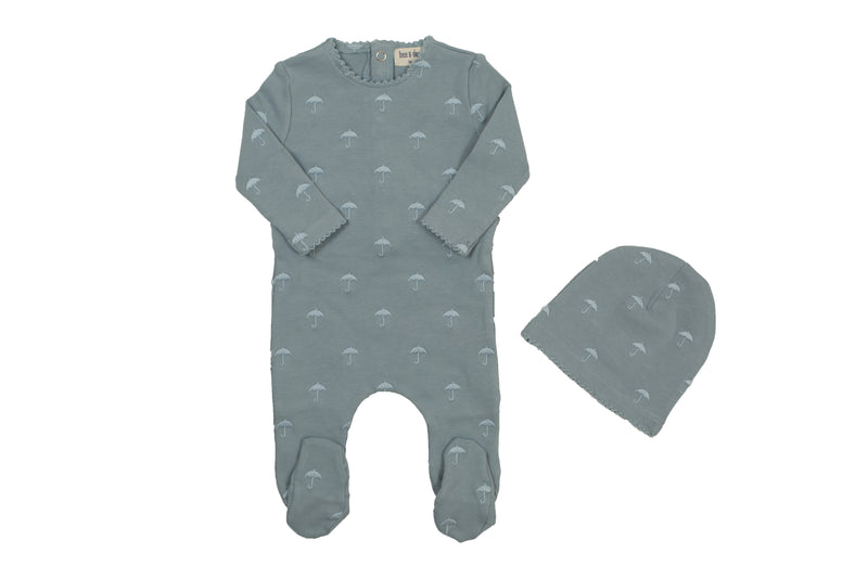 Baby Boy Footie + Hat All Over Embroidered Medium Blue Bee and D