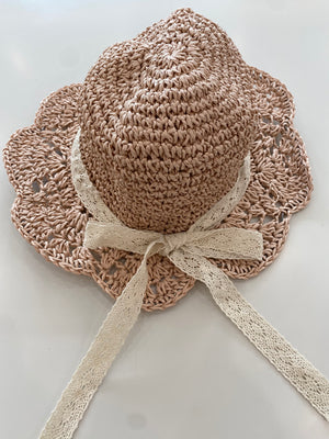 Baby Girl Sunhat | Vintage Straw With Bow | Pink