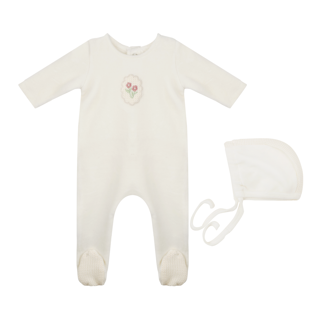 Baby Girl Footie + Hat | Crochet Collection | Ivory/Floral | Tricot Bebe
