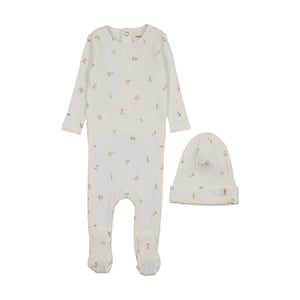 Baby Girl Footie + Hat | Rib Floral Print | White/Pink Floral | Mema Knits | SS26
