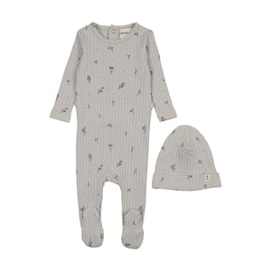 Baby Boy Footie + Hat | Rib Floral Print | Blue/Blue Floral | Mema Knits | SS26