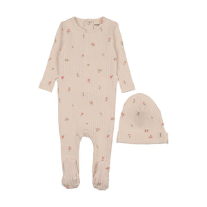 Baby Girl Footie + Hat | Rib Floral Print | Pink/Pink Floral | Mema Knits | SS26