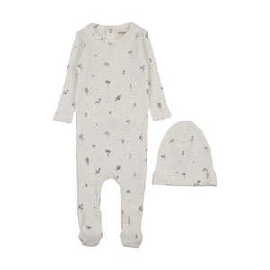 Baby Boy Footie + Hat | Rib Floral Print | White/Blue Floral | Mema Knits | SS26