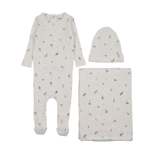 Baby Boy Layette Set | Rib Floral Print| White/Blue Floral | Mema Knits | SS26