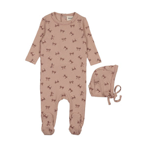 Baby Girl Footie + Hat | Bow Print Pointelle | Pink - Dark Pink Bow | Mema Knits | SS26