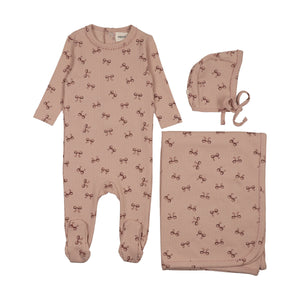 Baby Girl Layette Set | Bow Print Pointelle | Pink - Dark Pink Bow | Mema Knits | SS26