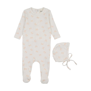 Baby Girl Footie + Hat | Bow Print Pointelle | Winter White- Rose Smoke Bows | Mema Knits | SS26