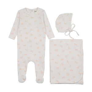 Baby Girl Layette Set | Bow Print Pointelle | Winter White- Rose Smoke Bows | Mema Knits | SS26