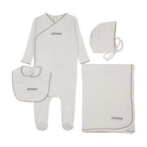 Baby Boy Layette Set | Amour Embroidered| Winter White / Taupe Embroidery | Mema Knits | SS26