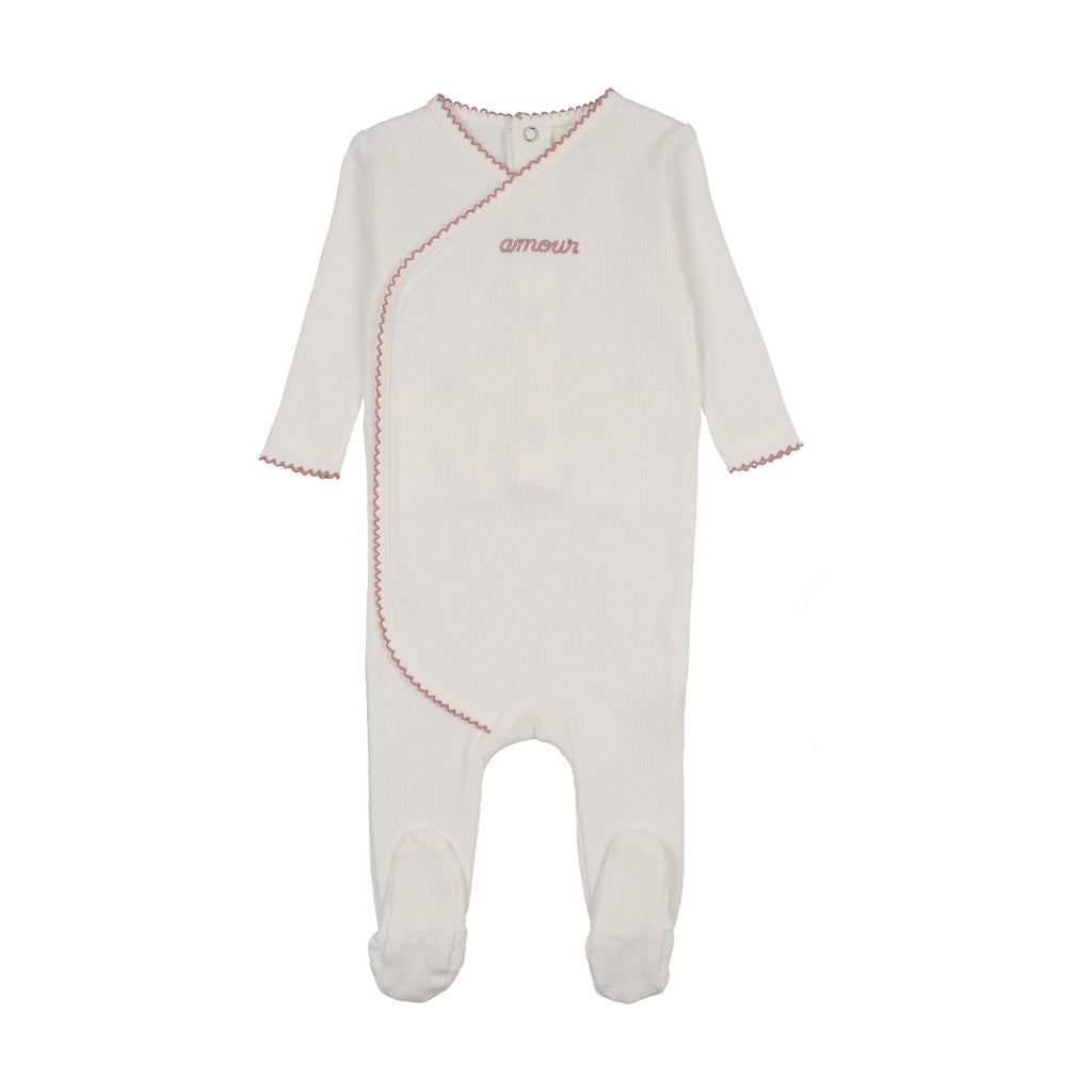 Baby Girl Footie | Amour Embroidered | Winter White/Mauve Embroidery | Mema Knits | SS26