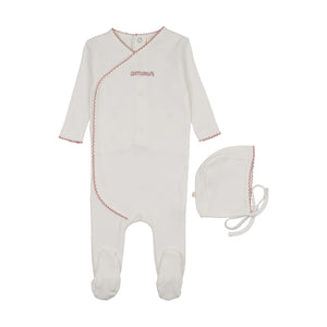 Baby Girl Footie + Hat | Amour Embroidered | Winter White/Mauve Embroidery | Mema Knits | SS26