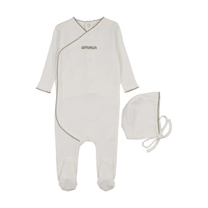 Baby Boy Footie + Hat | Amour Embroidered | Winter White/Taupe Embroidery | Mema Knits | SS26