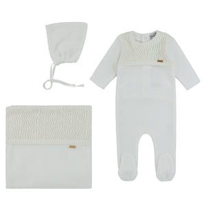 Baby Boy Layette Set | Velour Crochet Bib |Ivory | Cream Bebe | AW23