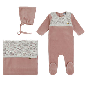 Baby Girl Layette Set | Velour Crochet Bib |Mauve | Cream Bebe | AW23