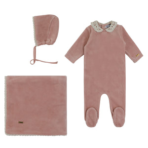 Baby Girl Layette Set | Velour Crochet Collar |Mauve | Cream Bebe | AW23