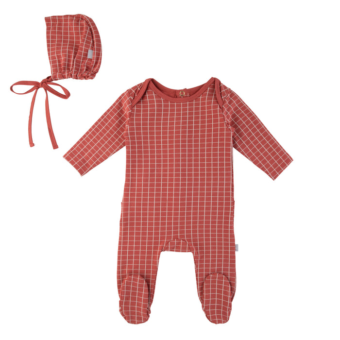 Baby Girl Footie + Bonnet | Grid | Rose Red | Cadeau | SS23