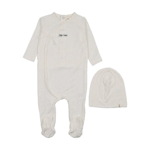 Baby Neutral Footie + Hat | Mock Wrap Polka Dot | White Colored Polka Dot Print | Mema Knits | SS26