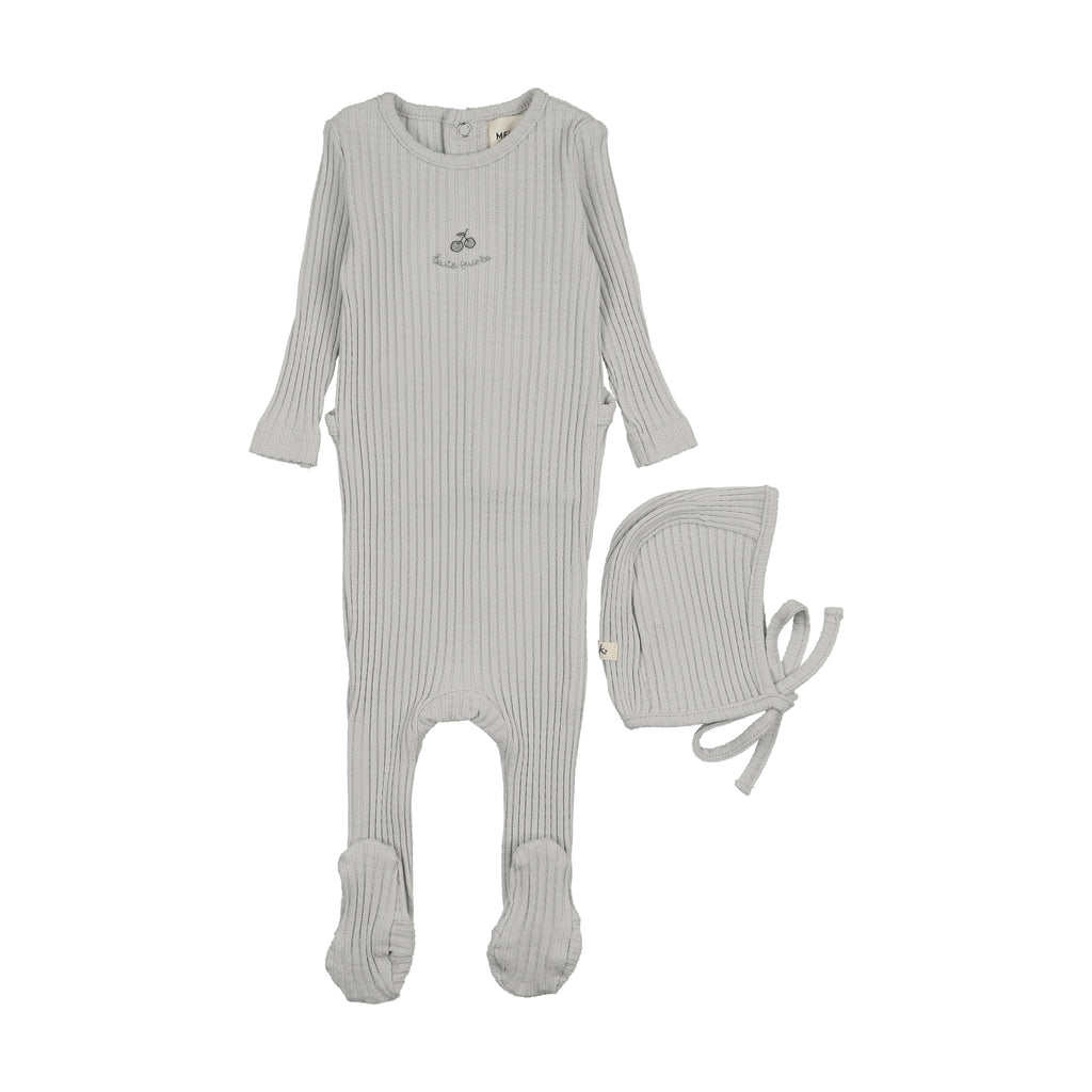 Baby Boy Footie + Hat | Embroidered Texture | Gray Dawn / Blue Embroidery | Mema Knits | SS26