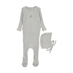 Baby Boy Footie + Hat | Embroidered Texture | Gray Dawn / Blue Embroidery | Mema Knits | SS26