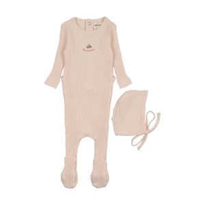 Baby Girl Footie + Hat | Embroidered Texture | Pink/Rose Embroidery | Mema Knits | SS26