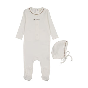 Baby Boy Footie + Hat | Floral Embroidery | White - Blue Embroidery | Mema Knits | SS26