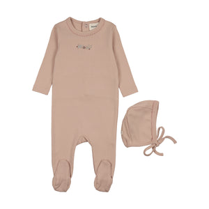 Baby Girl Footie + Hat | Floral Embroidery | Pink/Rose Embroidery | Mema Knits | SS26