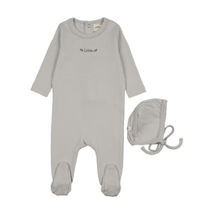 Baby Boy Footie + Hat | Floral Embroidery | Gray Dawn/Blue Embroidery | Mema Knits | SS26
