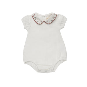 Baby Girl Romper | Floral Embroidered Collar Collection | Ivory/Pink | Ely's & Co | SS26