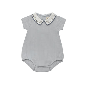 Baby Boy Romper | Floral Embroidered Collar Collection | Blue | Ely's & Co | SS26