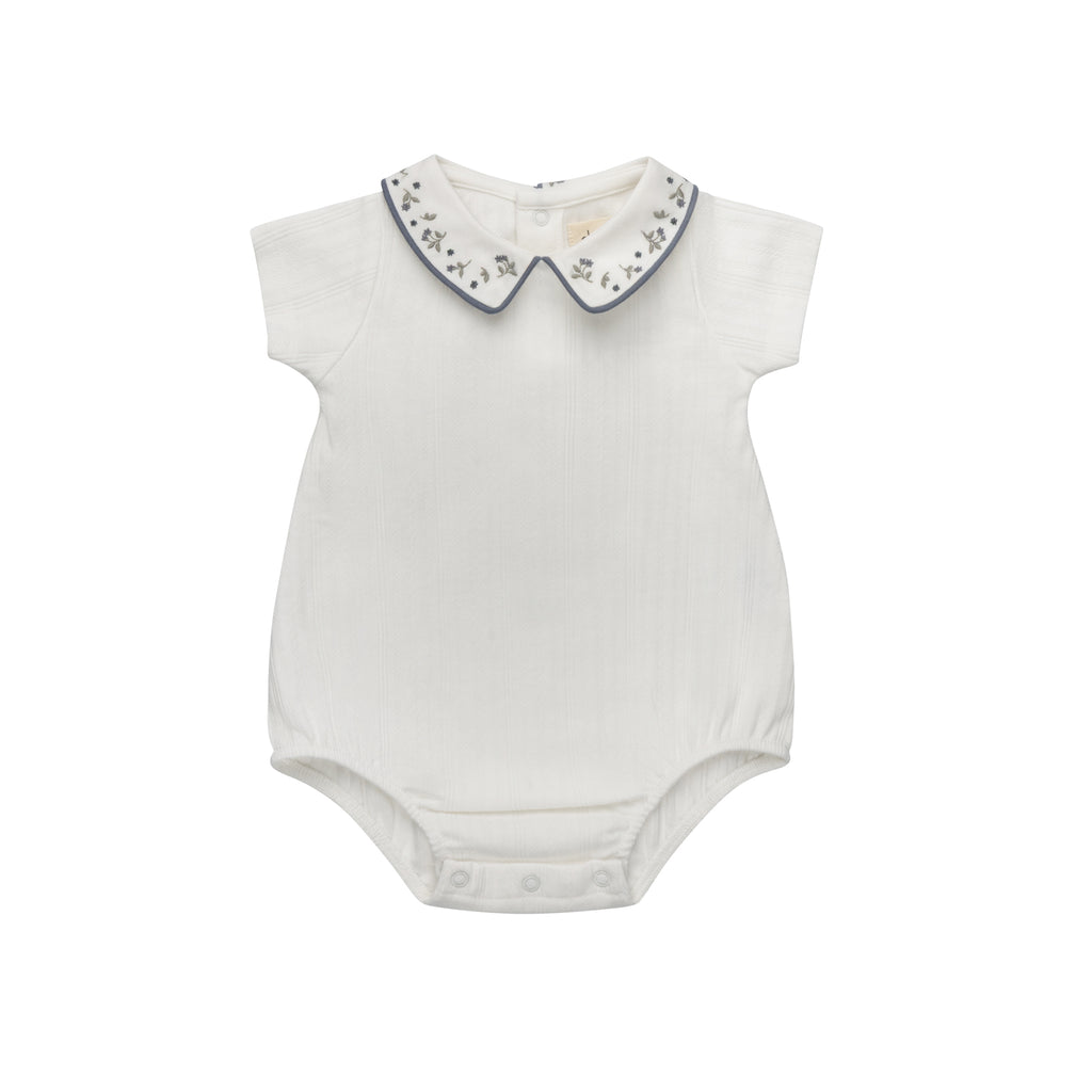 Baby Boy Romper | Floral Embroidered Collar Collection | Ivory/Blue | Ely's & Co | SS26