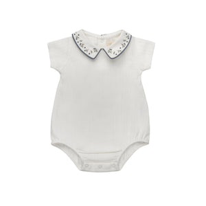 Baby Boy Romper | Floral Embroidered Collar Collection | Ivory/Blue | Ely's & Co | SS26