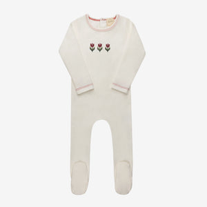 Baby Girl Footie | Cotton Cross Stich Tulip Collection | Ivory/Pink| Aurora | SS26