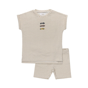 Baby Boy Tshirt + Shorts | Jersey Cotton Checked Race Car Collection | Tan | Aurora | SS26