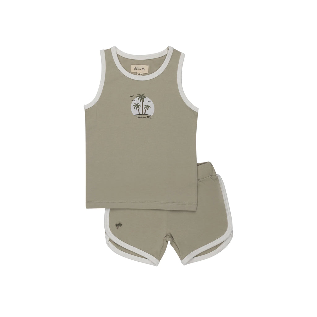 Baby Boy Terry Tank and Shorts | Ribbed Printed Palm Collection | Sage | Ely's & Co | SS26