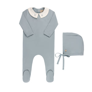 Baby Boy Footie + Hat | Embroidered Collar + Knit Cardigan | Blue | Tricot Bebe  | SS25
