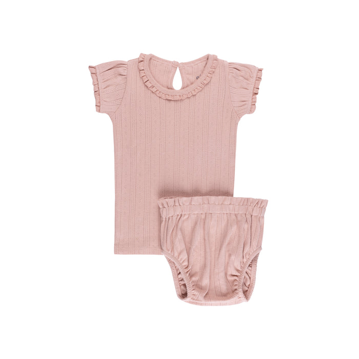 Baby Girl Short Lounge Set | Lace Trim Pointelle | Pink| Ely's & Co