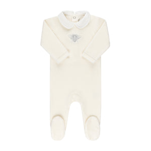 Baby Boy Footie + Hat | Velour Embroidered | Metallic Bee | Ivory/Silver | Ely's & Co. | AW23