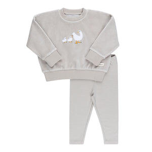 Baby Boy 2 Piece Outfit | Velour Sherpa Ducklings | Taupe | Ely's & Co. | AW23