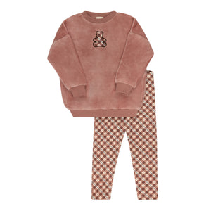 Baby Girl Sweatshirt + Leggings | Velour Plaid Bear Collection | Pink | Ely's & Co | Aw25