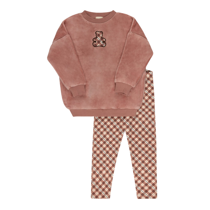 Baby Girl Sweatshirt + Leggings | Velour Plaid Bear Collection | Pink | Ely's & Co | Aw25
