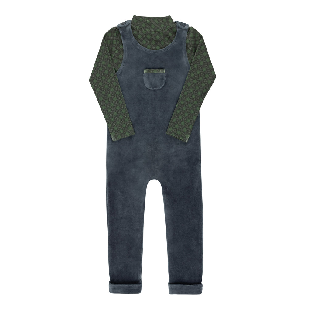 Baby Boy Overall + Turtle Neck | Velour Plaid Bear Collection | Navy | Ely's & Co | Aw25