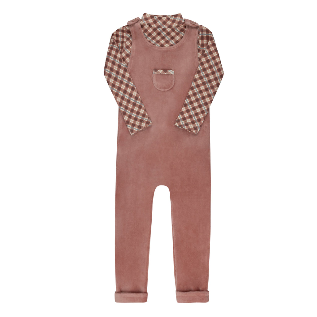 Baby Girl Overall + Turtle Neck | Velour Plaid Bear Collection | Pink | Ely's & Co | Aw25