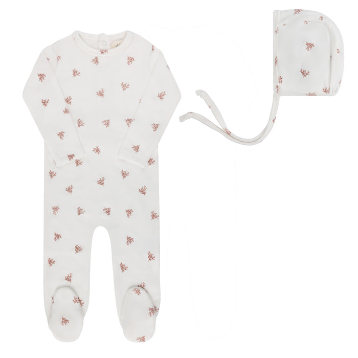Baby Girl Footie Set | Velour Leaf Pattern | Ivory | Ely's & Co | Aw25