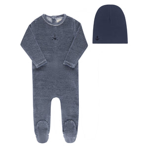 Baby Boy Footie Set | Velour Stripe Collection | Dark Blue | Ely's & Co | Aw25
