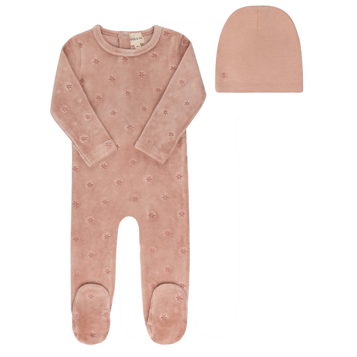 Baby Girl Footie Set | Velour Embroidered Floral | Pink | Ely's & Co | Aw25