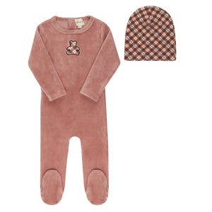 Baby Girl Footie Set |  Velour Plaid Bear Collection | Pink | Ely's & Co | Aw25