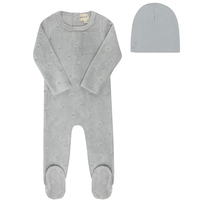 Baby Boy Footie Set | Velour Embroidered Floral | Blue | Ely's & Co | Aw25