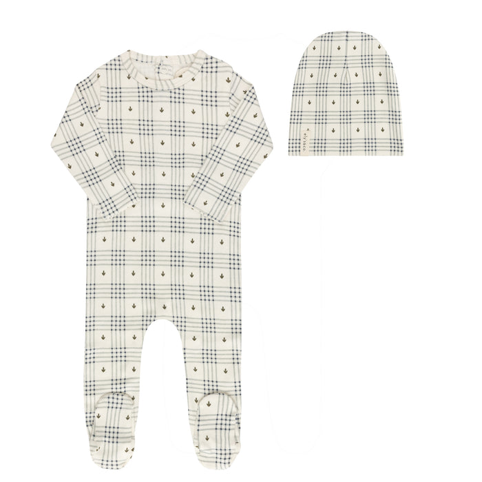 Baby Boy Footie Set |  Floral Plaid Collection | Ivory/Blue | Ely's & Co | Aw25