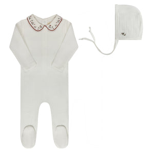 Baby Girl Footie + Hat | Floral Embroidered Collar Collection | Ivory/Pink | Ely's & Co | SS26