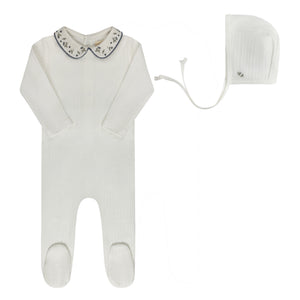 Baby Boy Footie + Hat |  Floral Embroidered Collar Collection | Ivory/Blue | Ely's & Co | SS26